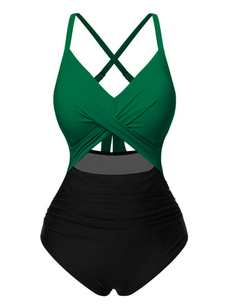 & 1940s Hollow Waist Patchwork Swimsuit: 1940s Riviera elegance, reimagined for her