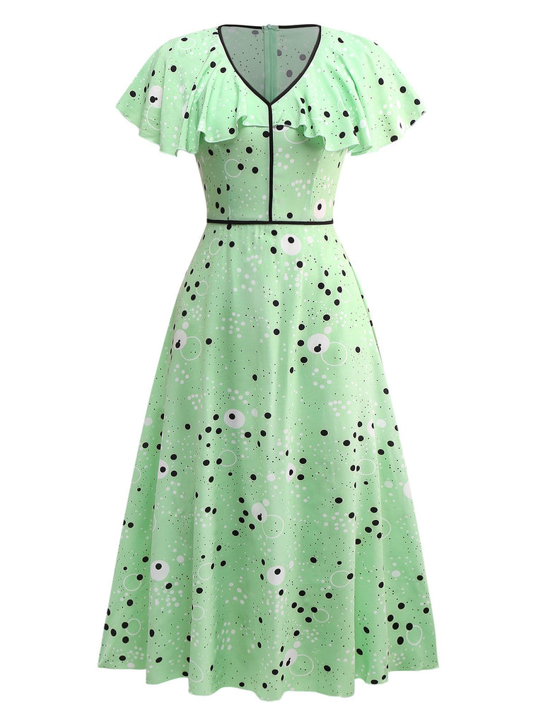 1940s Irregular Dots V-Neck Ruffled Dress - vintage dress, retro fashion
