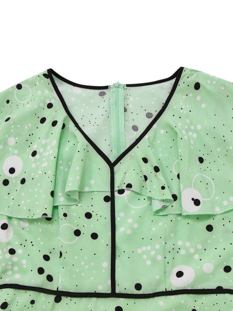 1940s Irregular Dots V-Neck Ruffled Dress - vintage dress, retro fashion