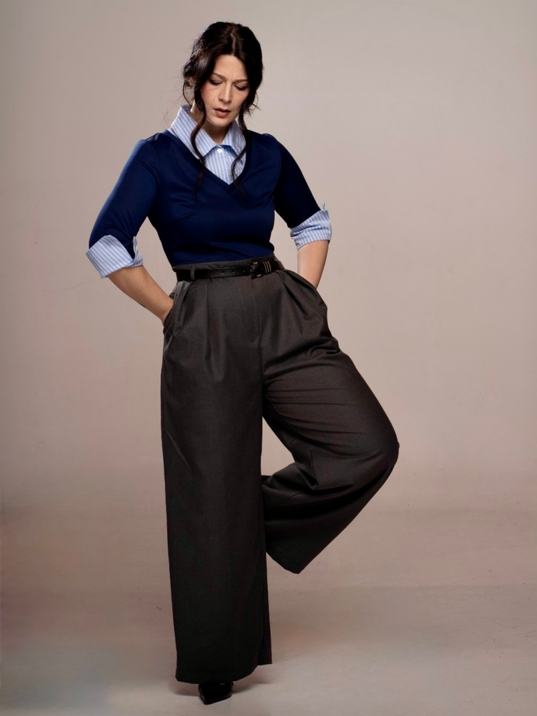 Blue & Gray 1940s Knit Colorblock 3/4 Sleeve Shirt Jumpsuit - vintage jumpsuit, retro fashion