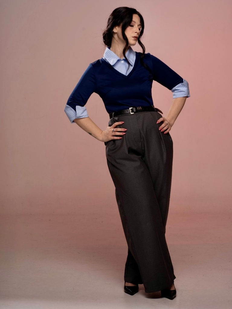 Blue & Gray 1940s Knit Colorblock 3/4 Sleeve Shirt Jumpsuit - vintage jumpsuit, retro fashion