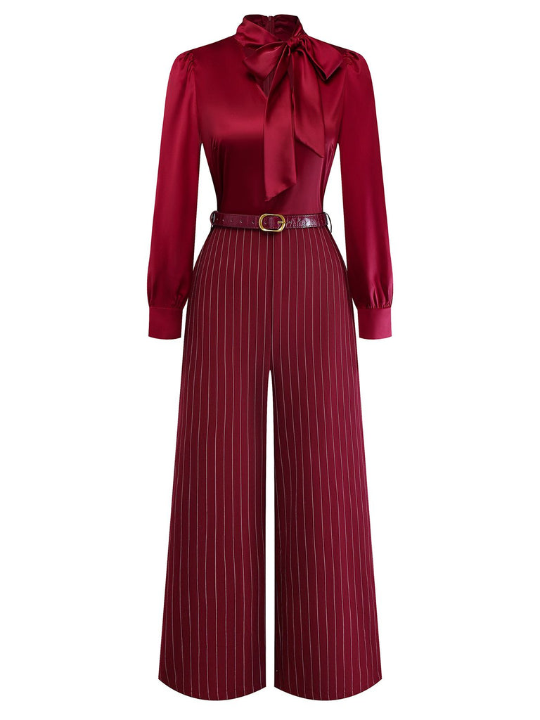 Burgundy 1940s Satin Bow Tie Striped Wide-Leg Jumpsuit - vintage jumpsuit, retro fashion