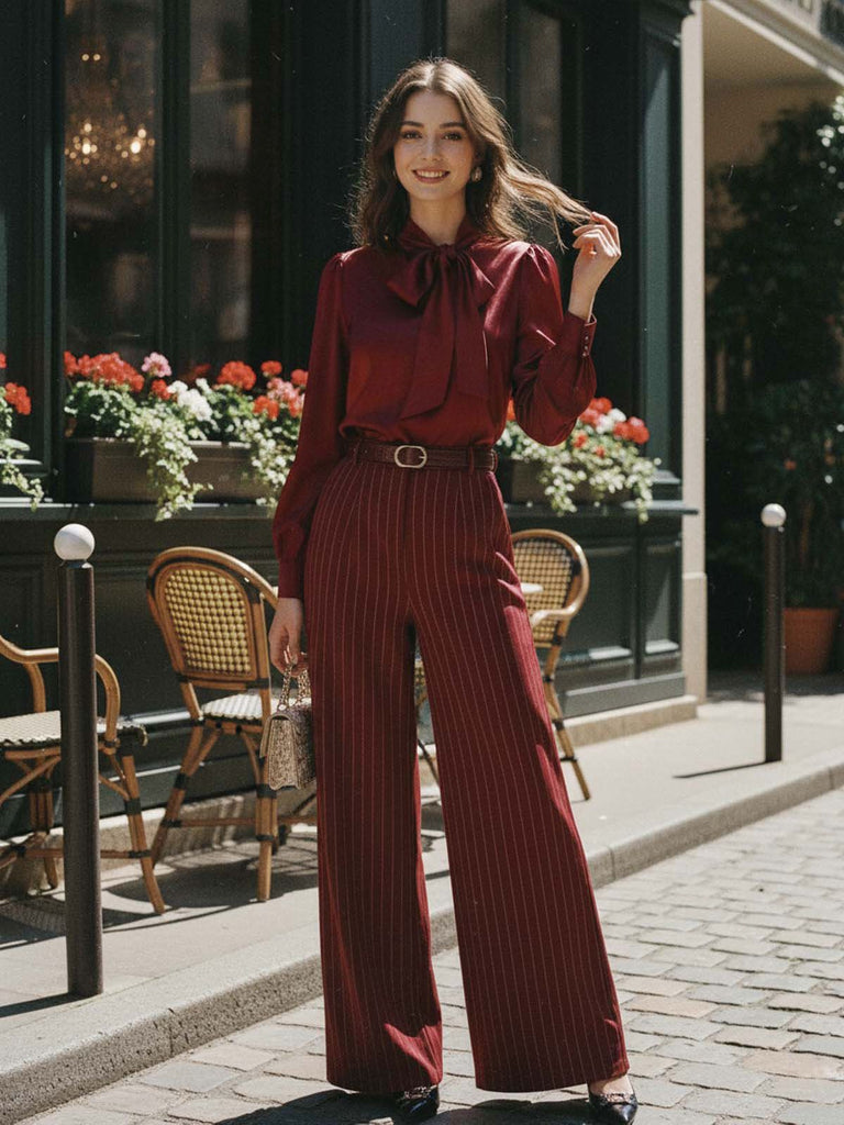 Burgundy 1940s Satin Bow Tie Striped Wide-Leg Jumpsuit - vintage jumpsuit, retro fashion