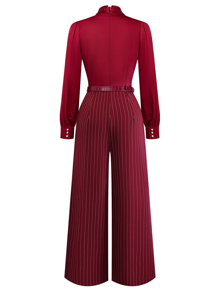 Burgundy 1940s Satin Bow Tie Striped Wide-Leg Jumpsuit - vintage jumpsuit, retro fashion