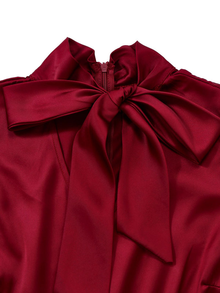 Burgundy 1940s Satin Bow Tie Striped Wide-Leg Jumpsuit - vintage jumpsuit, retro fashion