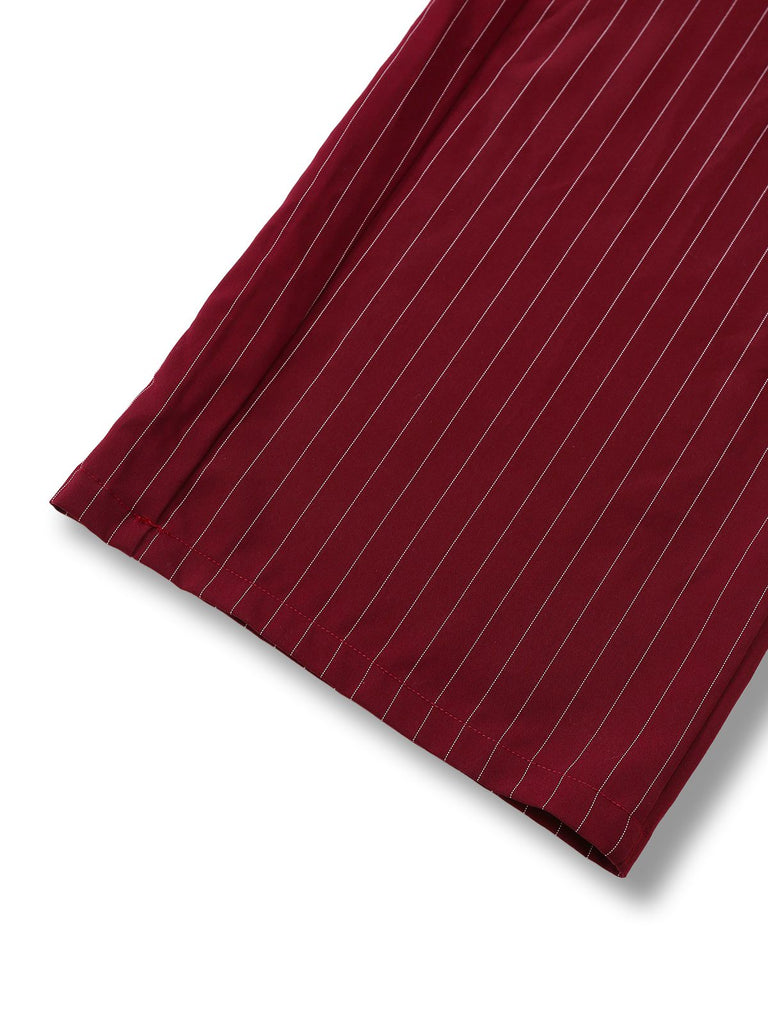 Burgundy 1940s Satin Bow Tie Striped Wide-Leg Jumpsuit - vintage jumpsuit, retro fashion