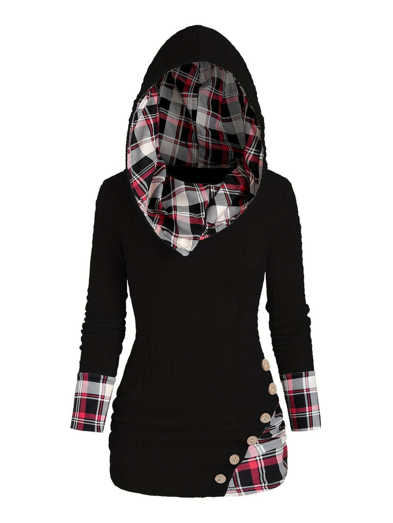 1940s Knit Plaid Button Hooded Sweater - vintage fashion, retro style