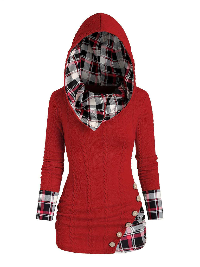 1940s Knit Plaid Button Hooded Sweater - vintage fashion, retro style