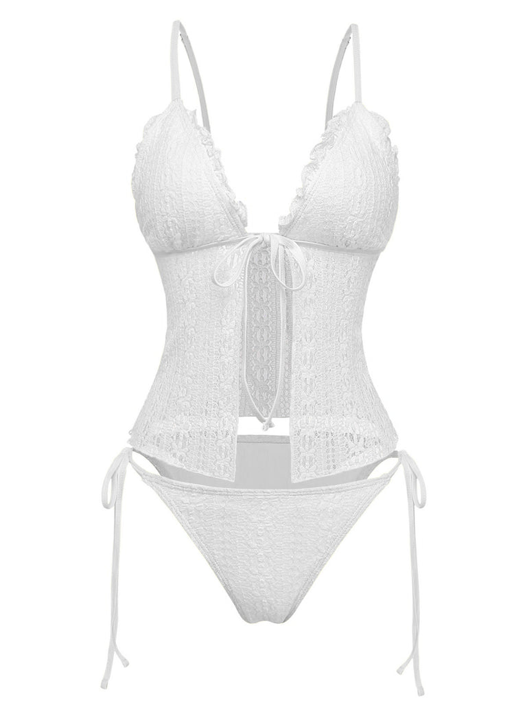 1940s Lace Knit Double-Layer Fabric Tankini Set - vintage fashion, retro style