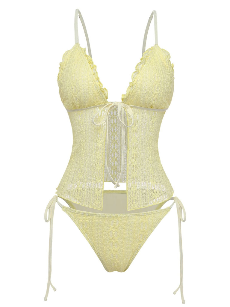 1940s Lace Knit Double-Layer Fabric Tankini Set - vintage fashion, retro style