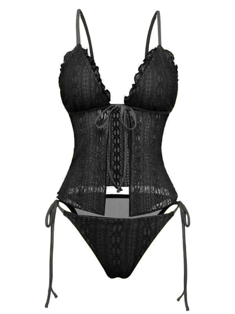 1940s Lace Knit Double-Layer Fabric Tankini Set - vintage fashion, retro style