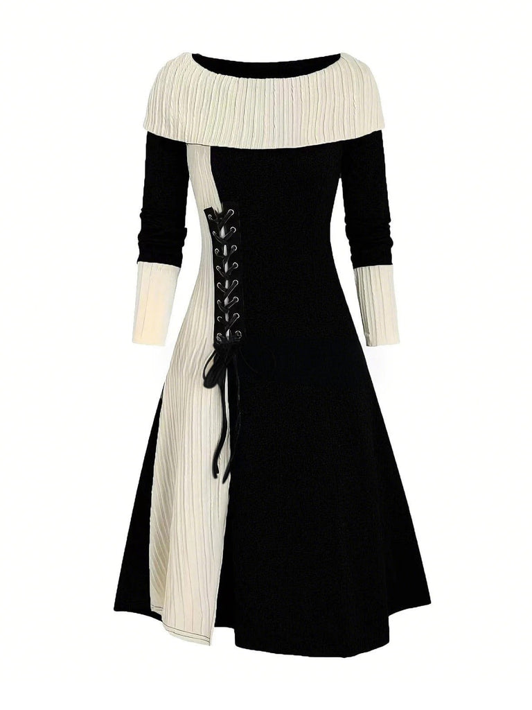 She slips into this 1940s Lace-Up Colorblock Off-Shoulder Dress and suddenly it's a 1940s daydream