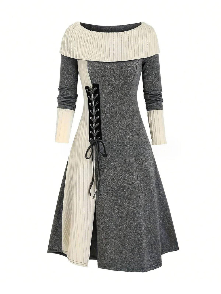 This 1940s Lace-Up Colorblock Off-Shoulder Dress wraps her in 1940s elegance, one twirl at a time