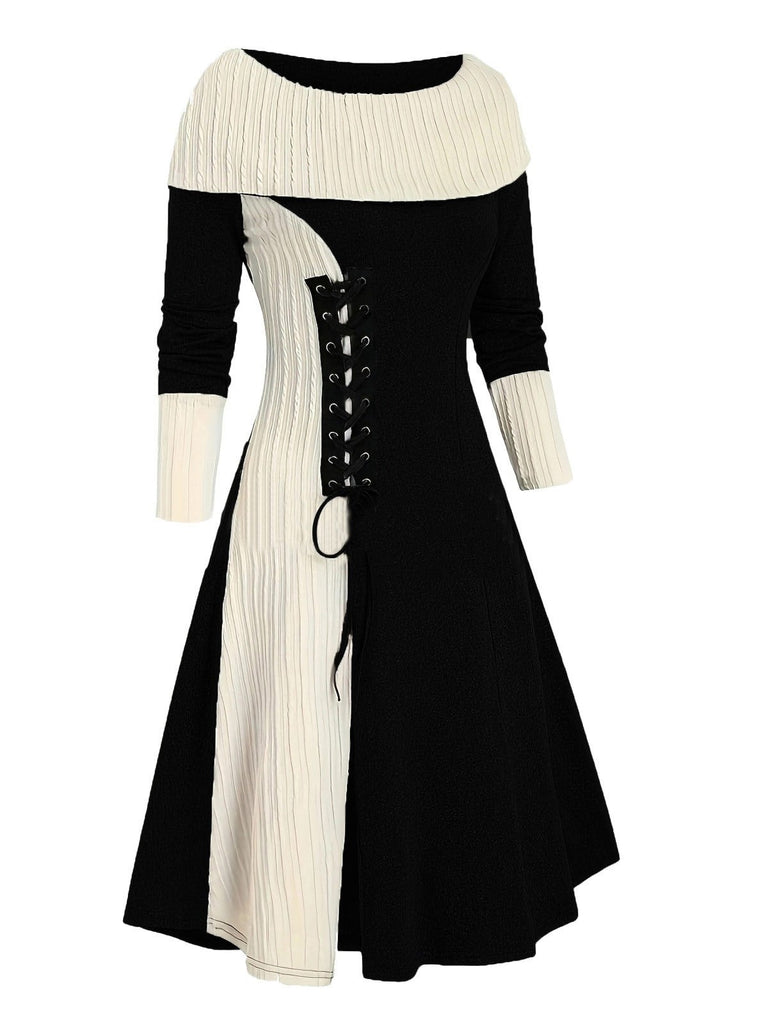 1940s Lace-Up Colorblock Off-Shoulder Dress — the kind of 1940s dress that makes strangers smile