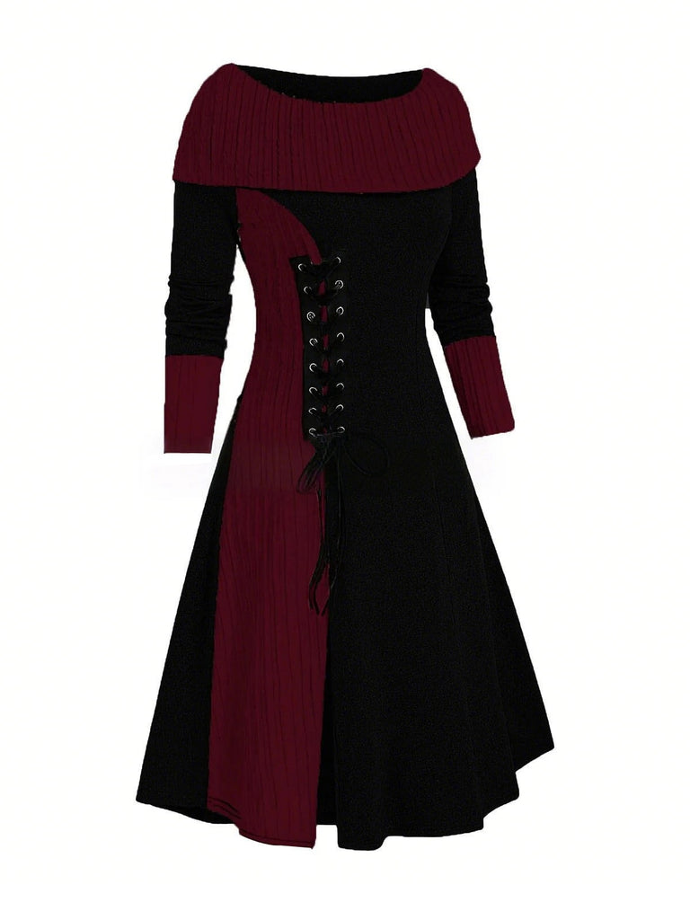 She slips into this 1940s Lace-Up Colorblock Off-Shoulder Dress and suddenly it's a 1940s daydream