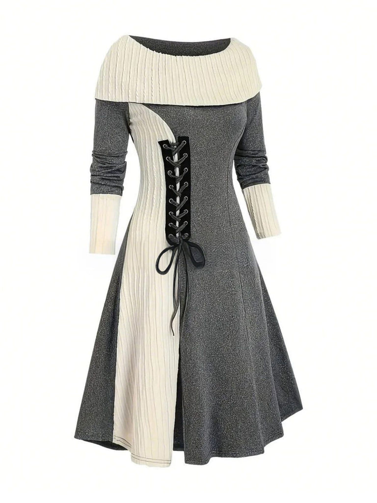 This 1940s Lace-Up Colorblock Off-Shoulder Dress wraps her in 1940s elegance, one twirl at a time