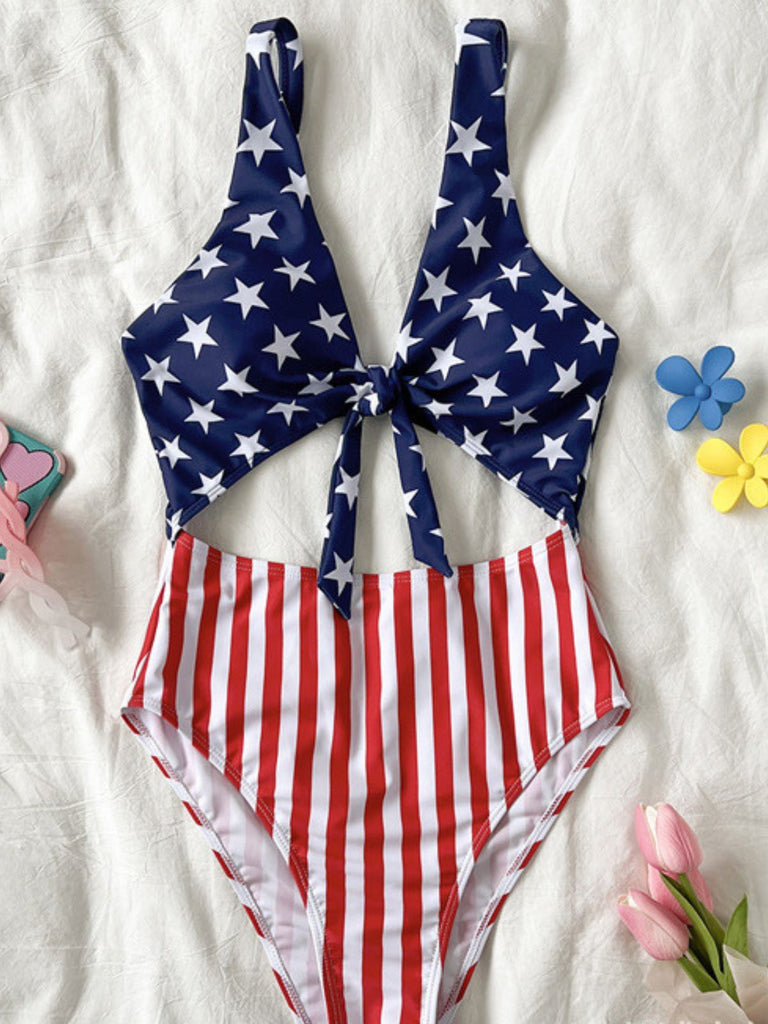 1940s Lace-Up Stars & Stripes Swimsuit - vintage swimsuit, pin-up swimwear for vintage lovers