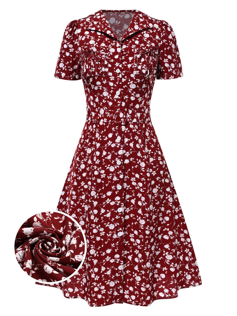 Green 1940s Lapel Buttons Ditsy Floral Dress, vintage dress, retro fashion, floral print - perfect for women who love vintage and retro fashion