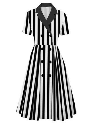 She slips into this 1940s Lapel Double Breasted Black & White Stripes Dress and suddenly it's a 1940s daydream