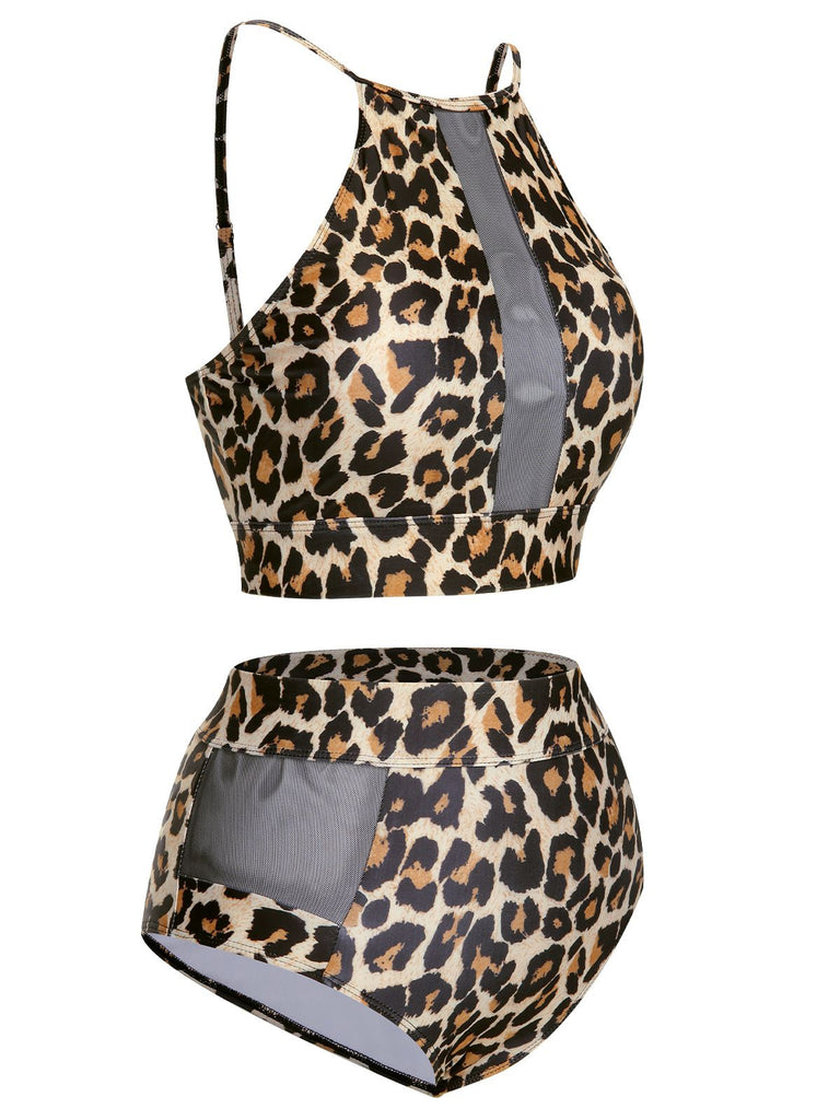 [Plus Size] 1940s Leopard Mesh Patchwork Swimsuit, vintage swimsuit, pin-up swimwear - perfect for women who love vintage and retro fashion