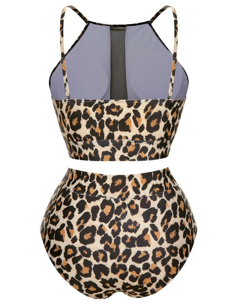 [Plus Size] 1940s Leopard Mesh Patchwork Swimsuit, vintage swimsuit, pin-up swimwear - perfect for women who love vintage and retro fashion