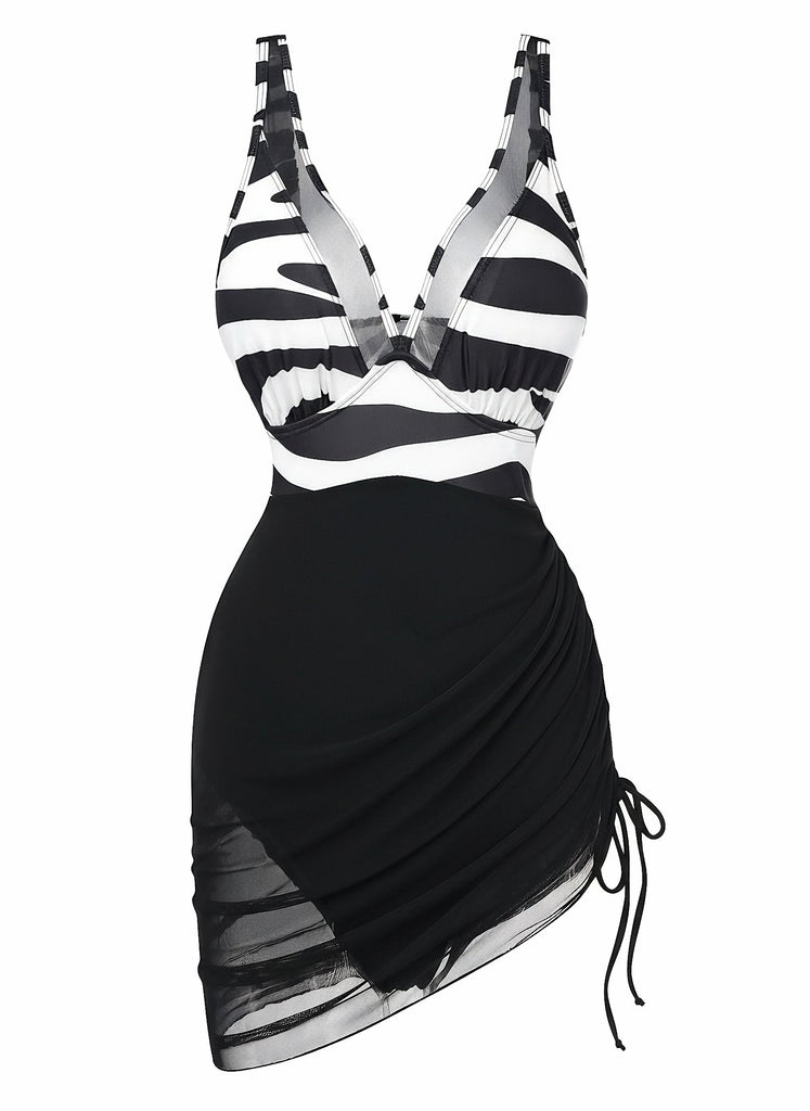 1940s Mesh Bodycon Patchwork One Piece Swimsuit 6