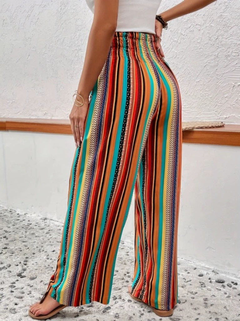Multicolor 1970s Boho Striped Drawstring Wide-Leg Pants - vintage fashion, retro style for vintage lovers