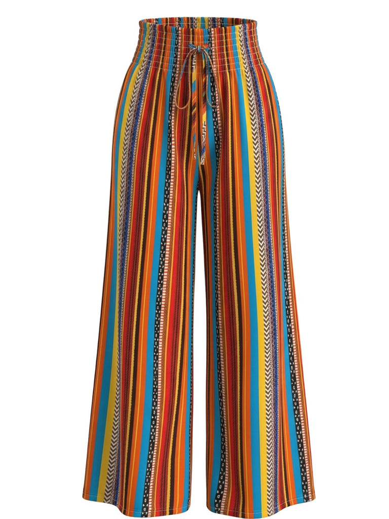 Multicolor 1970s Boho Striped Drawstring Wide-Leg Pants - vintage fashion, retro style for vintage lovers