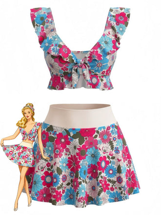 Multicolor 1940s Floral Ruffled Sweetheart Neck Tankini Set - vintage fashion, retro style