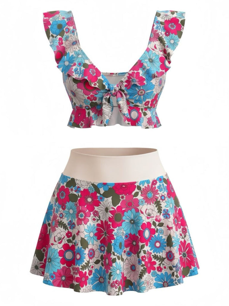 Multicolor 1940s Floral Ruffled Sweetheart Neck Tankini Set - vintage fashion, retro style
