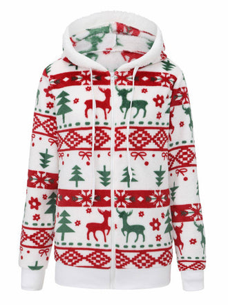 Multicolor 1940s Reindeer & Christmas Tree Plush Hoodie - vintage fashion, retro style