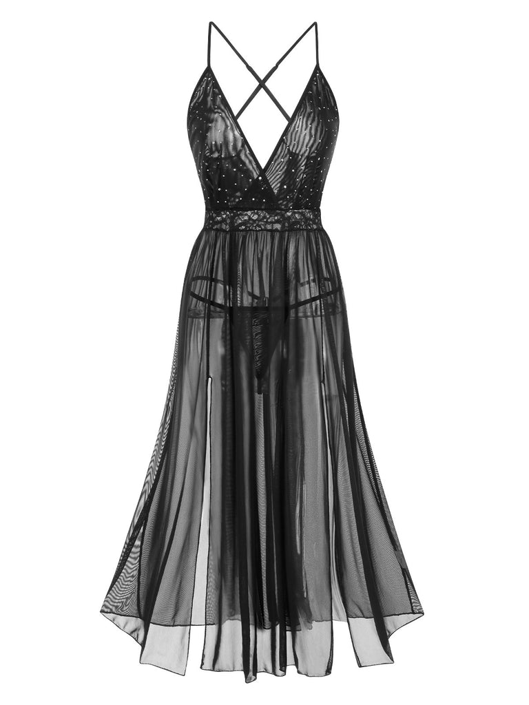Black 1940s Sparkling Mesh Back Cross Straps Nightgown - vintage nightgown, retro sleepwear, classic black