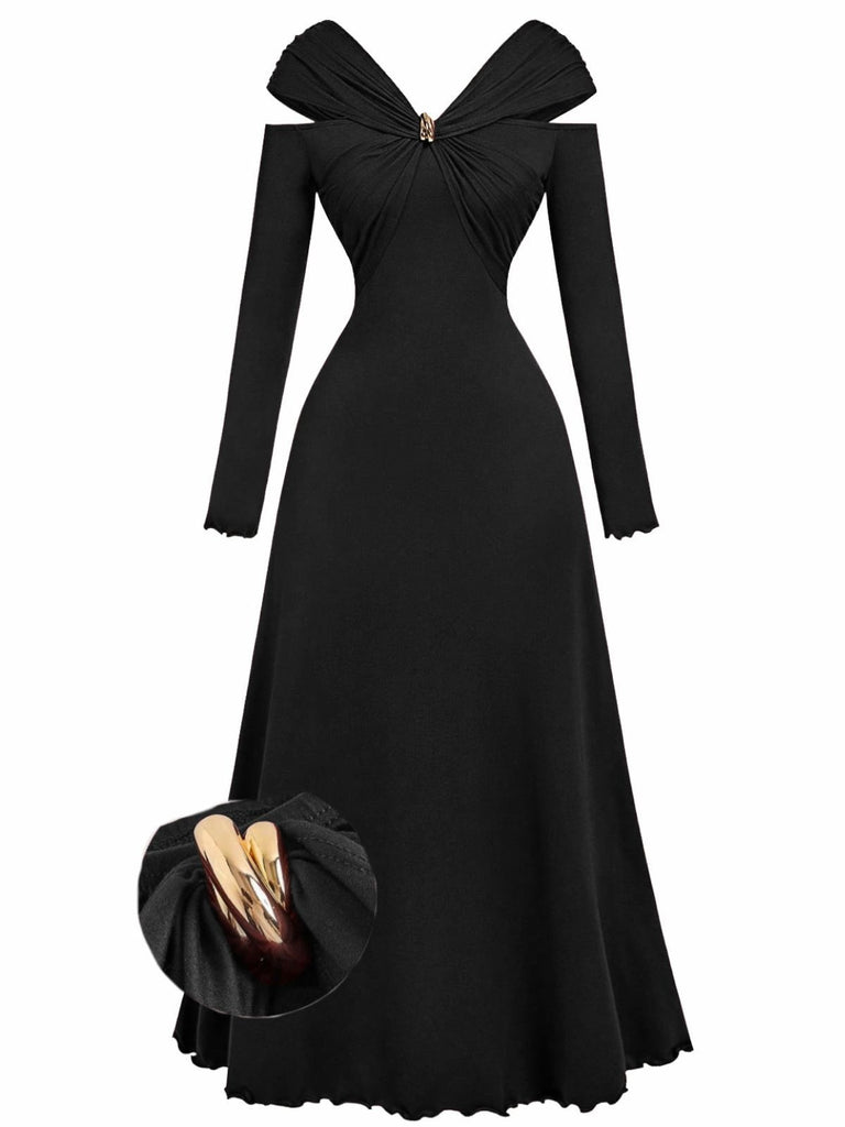 1940s Off-Shoulder Long Sleeve Pleated Dress - vintage dress, retro fashion