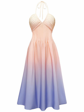 1940s Ombre Deep V-Neck Halter Dress - vintage dress, retro fashion for women