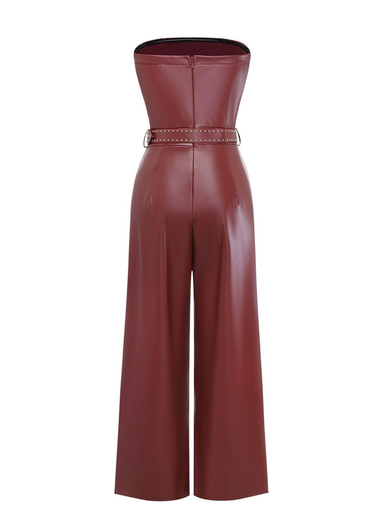 1940s PU Leather Belted Strapless Jumpsuit - vintage jumpsuit, retro fashion