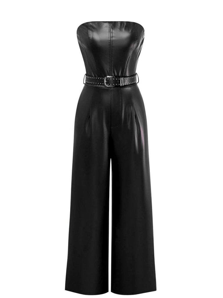 1940s PU Leather Belted Strapless Jumpsuit - vintage jumpsuit, retro fashion