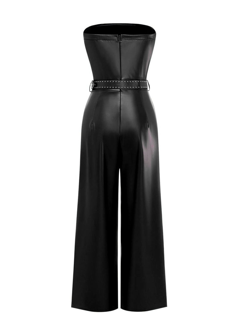 1940s PU Leather Belted Strapless Jumpsuit - vintage jumpsuit, retro fashion