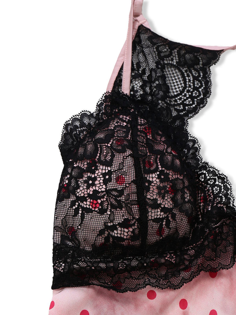 Pink 1940s Satin Polka Dot Lace Trim Backless Nightdress - vintage dress, retro fashion