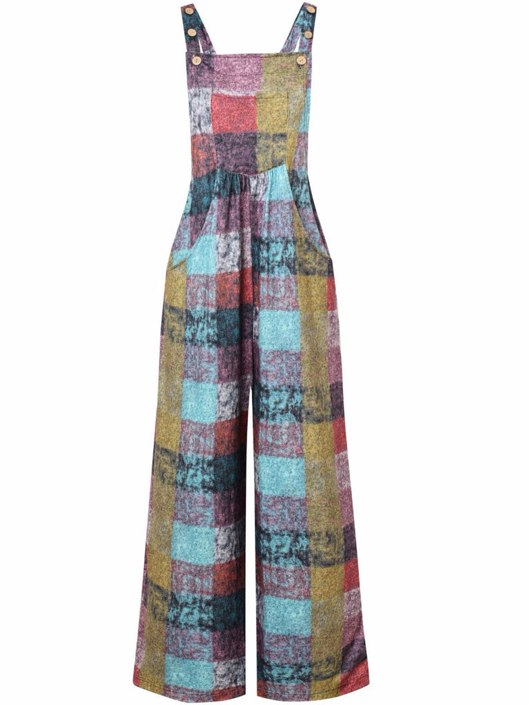 1940s Plaid Pockets Wide Legs Jumpsuit - vintage jumpsuit, retro fashion