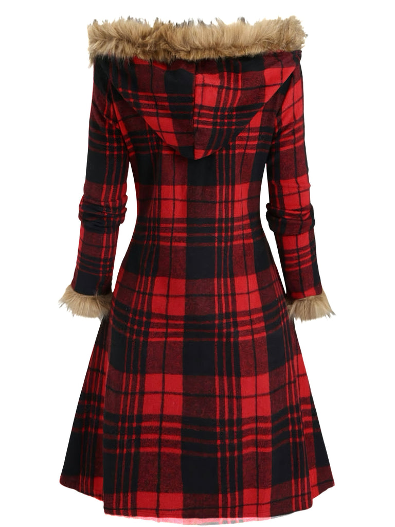 1940s Plaid Toggle Faux Fur Trim Hooded Coat - vintage fashion, retro style