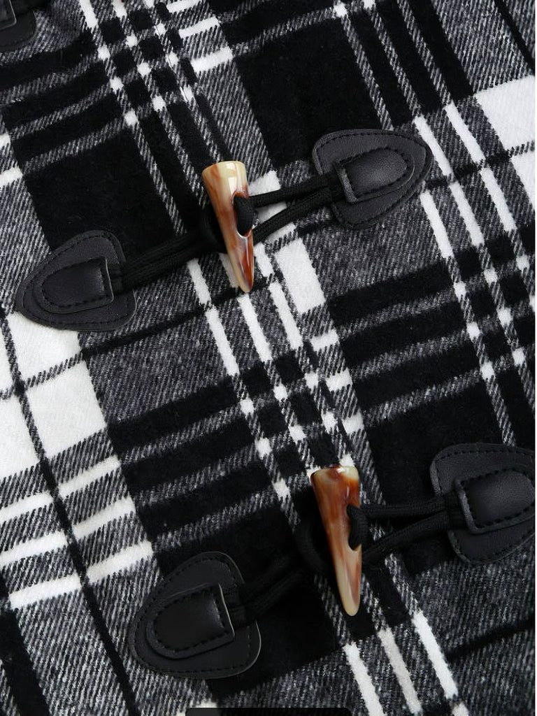 1940s Plaid Toggle Faux Fur Trim Hooded Coat - vintage fashion, retro style