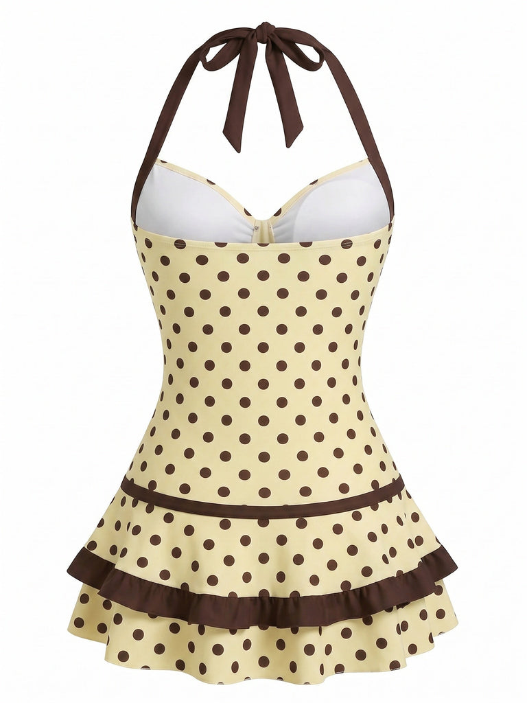 Red 1940s Polka Dot Halter Bow One-Piece Swimdress, vintage dress, retro fashion - perfect for women who love vintage and retro fashion