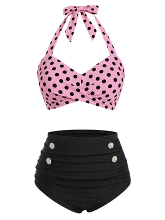 Pink 1940s Polka Dot Halter Swimsuit Set, vintage swimsuit, pin-up swimwear, retro beach style, women, elegant