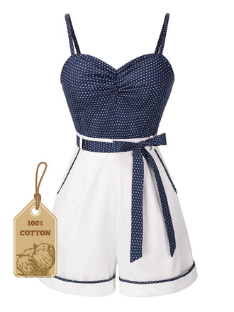 She finds her 1940s story in this 1940s Polka Dot Patchwork Suspender Romper