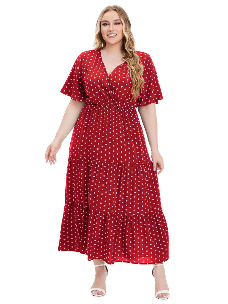 [Plus Size] 1940s Polka Dot V-Neck Short Sleeve Maxi Dress - vintage dress, retro fashion for vintage lovers