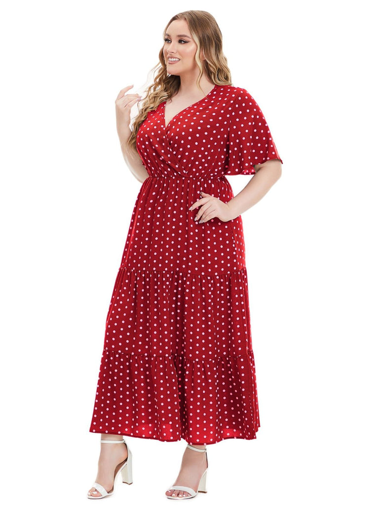 [Plus Size] 1940s Polka Dot V-Neck Short Sleeve Maxi Dress - vintage dress, retro fashion for vintage lovers