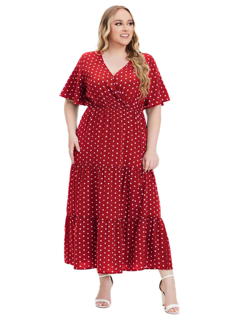 [Plus Size] 1940s Polka Dot V-Neck Short Sleeve Maxi Dress - vintage dress, retro fashion for vintage lovers