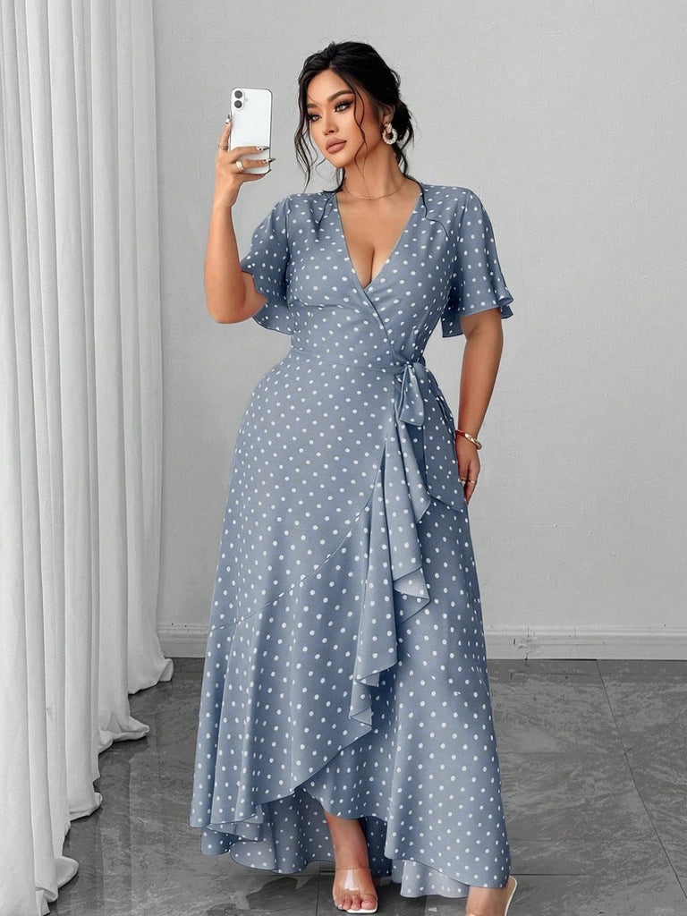 [Plus Size] 1940s Polka Dot Wrap V-Neck Ruffle Maxi Dress, vintage dress, retro fashion - perfect for women who love vintage and retro fashion