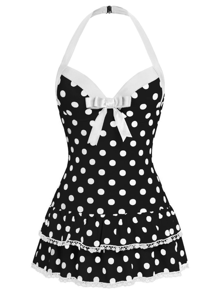 1940s Polka Dots Halter One-Piece Swimsuit, classic vintage style summer beach collection