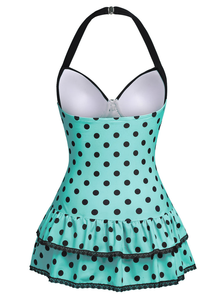 1940s Polka Dots Halter One-Piece Swimsuit, classic vintage style summer beach collection